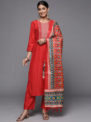 women rust emroidered kurta sets with round neck