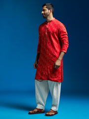 Men's Red And Cream Chinon Kurta And Patiala Set.