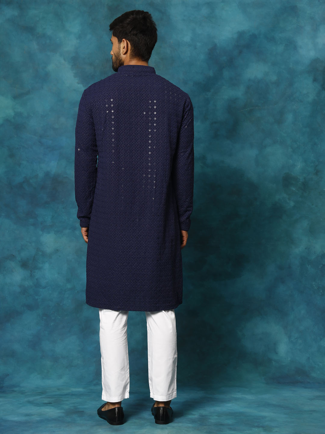 Men's Navy Blue And White Rayon Cotton Kurta Pyjama Set