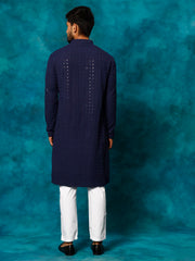 Men's Navy Blue And White Rayon Cotton Kurta Pyjama Set