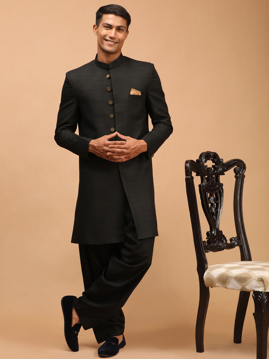 Men's Black Silk Blend Sherwani Set