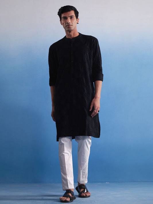 Men's Black Cotton Kurta Pyjama Set