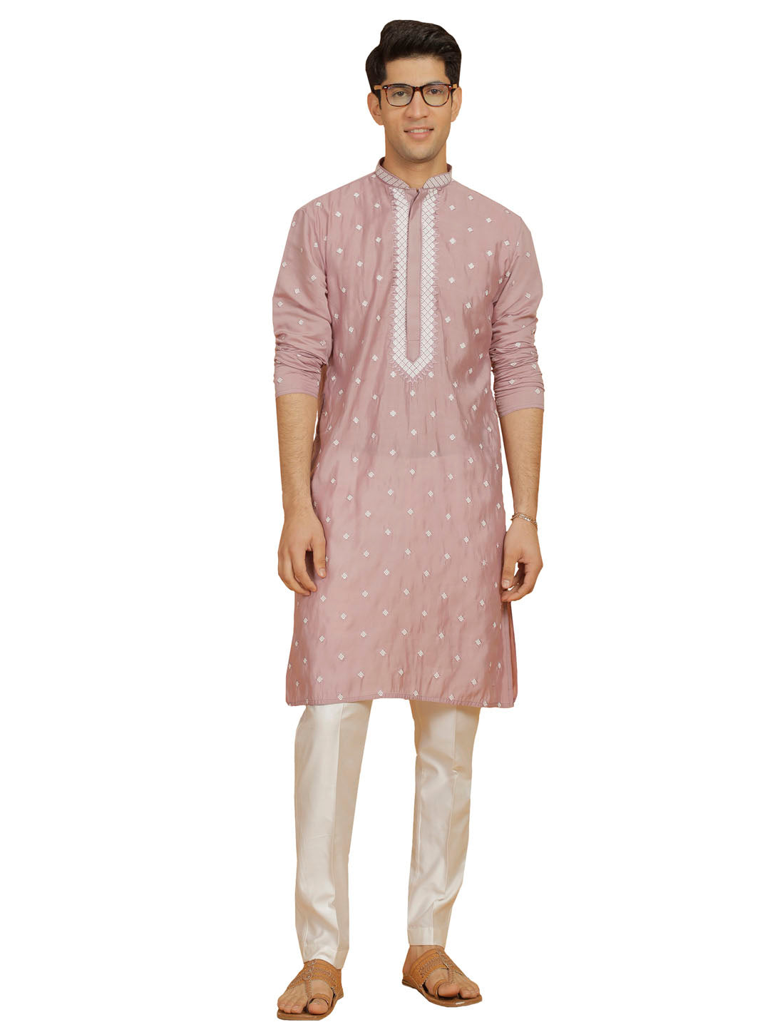 Men's Pink And White Silk Blend Kurta And Pyjama Set