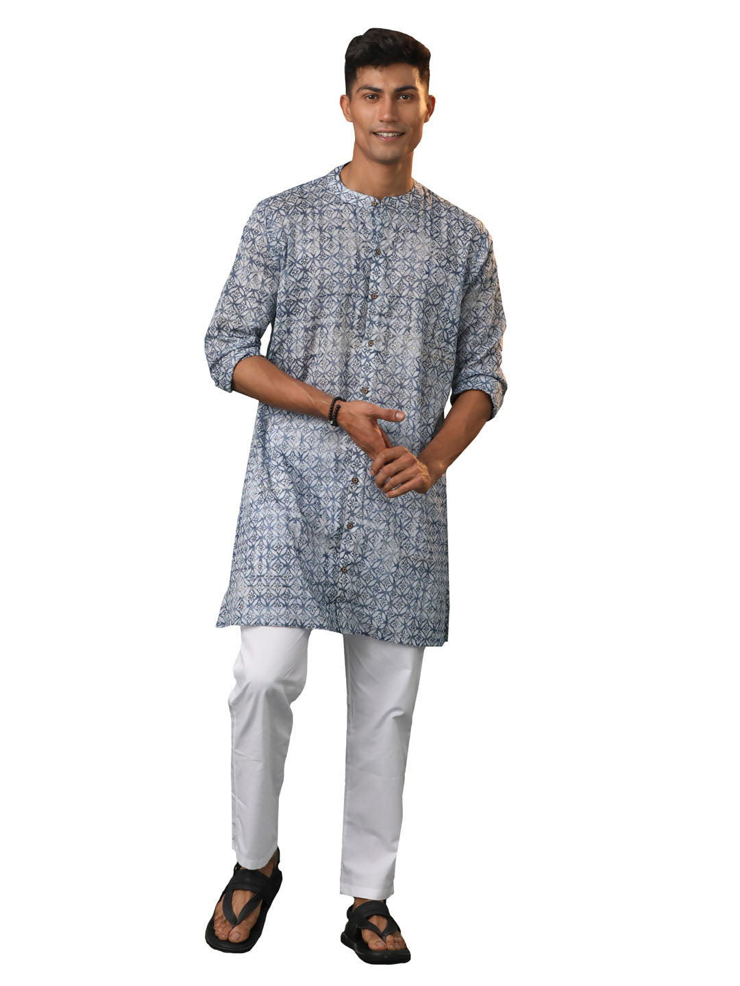 Men's Blue And White Cotton Kurta Pyjama Set