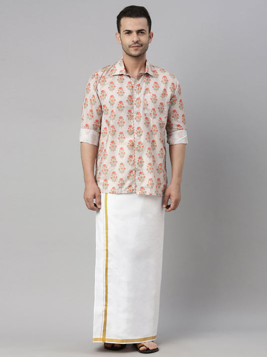 Men's Multicolor-Base-Beige And White Muslin Shirt And Mundu