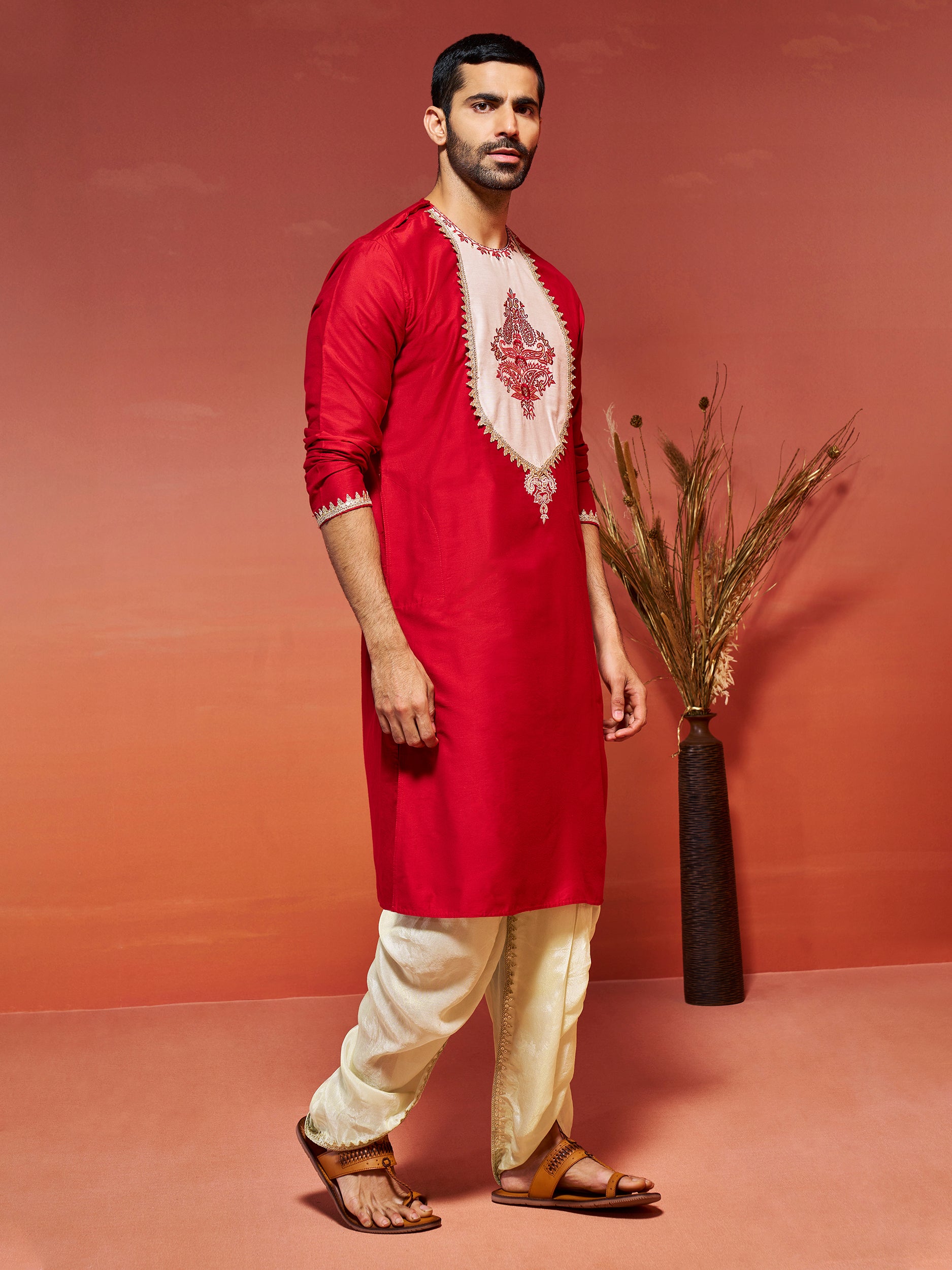 Men's Red Viscose Kurta And Dhoti Set