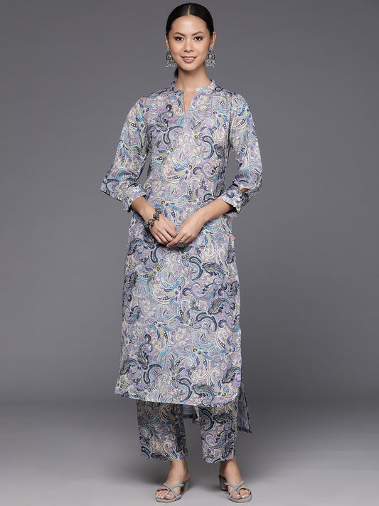 Kalini Women Lavender Paisley Printed Mandarin Collar With Slit Straight Kurta With Three Quarter Sleeves With Cuff Straight Kurta Paired With Tonal Bottom