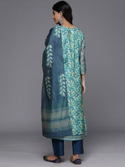 Women Blue Floral Printed Kurta, Round Neck Straight Kurta Paired With Tonal Bottom And Printed Dupatta.