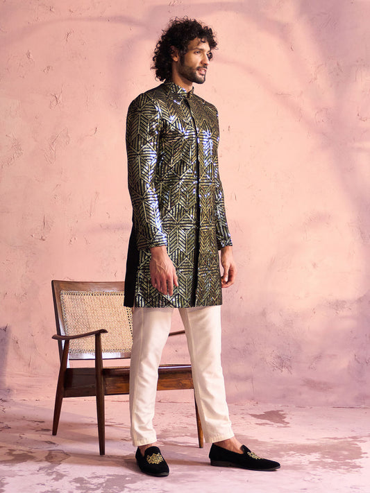 Men's Black And Cream Georgette Sherwani Set