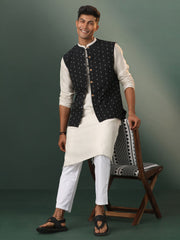 Men's Black And White Cotton Jacket, Kurta and Pyjama Set