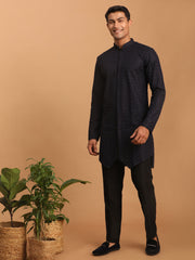 Men's Navy Blue And Black Silk Blend Kurta Pyjama Set