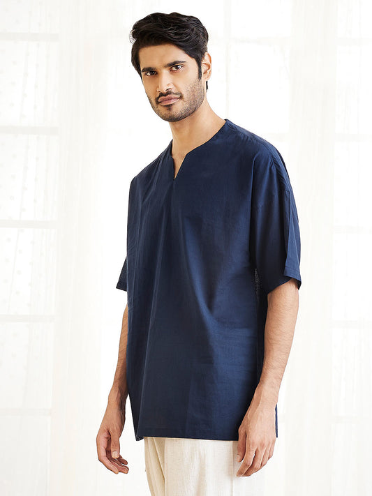 Men's Navy Blue Cotton Short Kurta