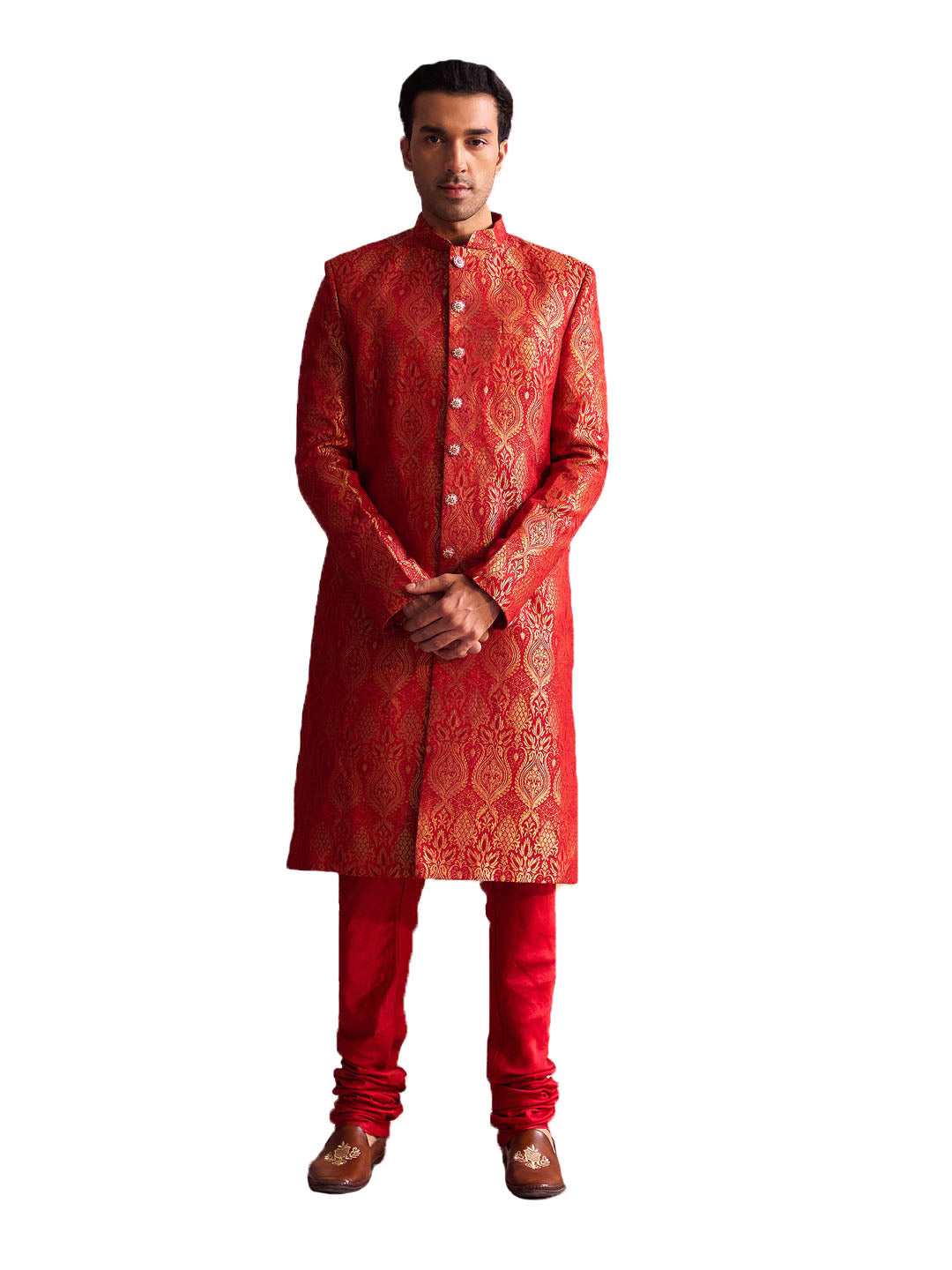 Men's Red Silk Blend Sherwani Set