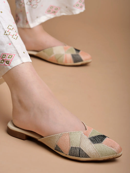 Shoetopia Ethnic Green Flat Mules For Women & Girls