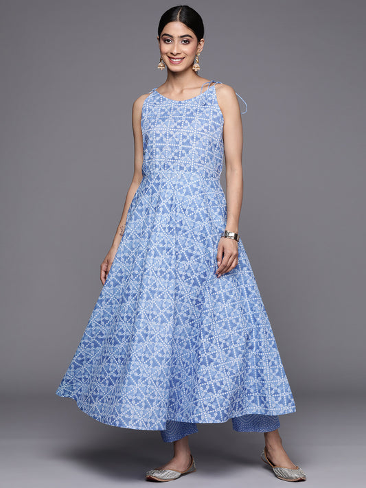 Women Blue Bandhani Printed Kurta Spaghetti Strap With Drawstring Paired With Tonal Printed Bottom