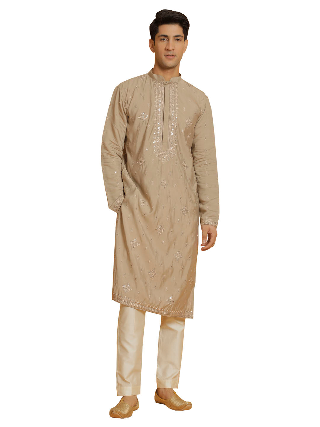 Men's Gray And Cream Silk Blend Kurta And Pyjama Set