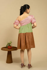 Women Pink, Green, And Brown Color Block 3 Tier Cotton Silk Short Flair Dress