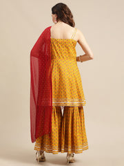 Mustard Strap Style Printed Kurta Sharara Set With Solid Dupatta