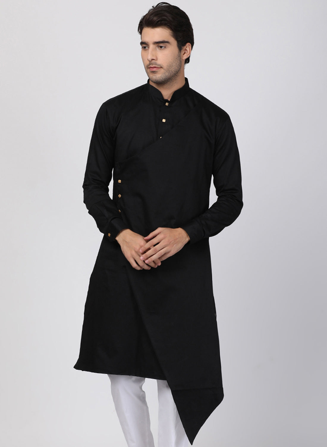 Men Black Cotton Cotton Satin Kurta