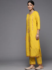 Women Yellow Embroidered Straight Kurta Paired With Tonal Bottom And Dupatta.