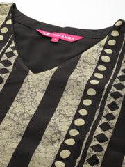 Women Grey And Black Stripe Printed Straight Kurta Paired With Solid Black Bottom And Printed Dupatta