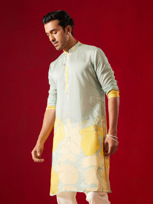 Men's Multi Color Base Yellow Cotton blend Kurta