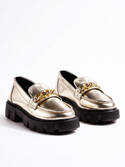 Shoetopia Smart Casual Chain Detailed Golden Loafers For Women & Girls