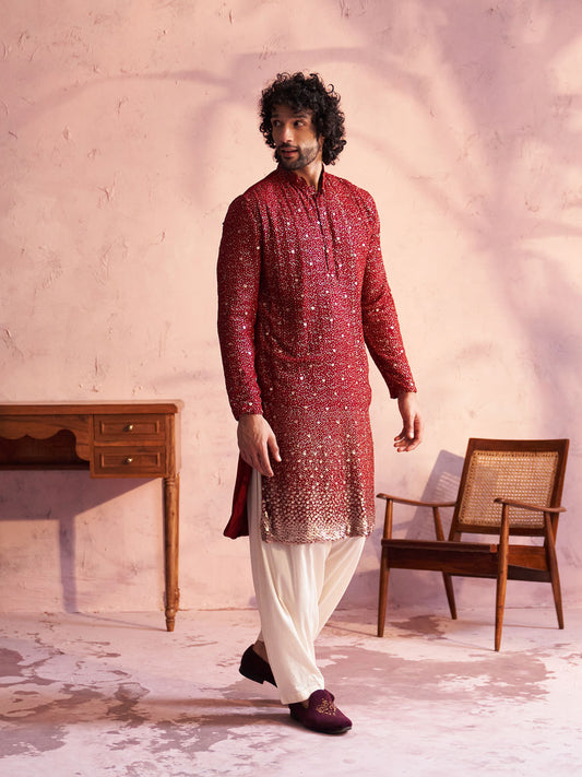 Men's Maroon And Cream Georgette Kurta and Patiala Set