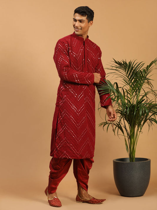 Men's Maroon Georgette Kurta and Dhoti Set