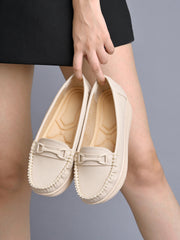 Shoetopia upper Bow Detailed Cream Loafers For Women & Gilrs