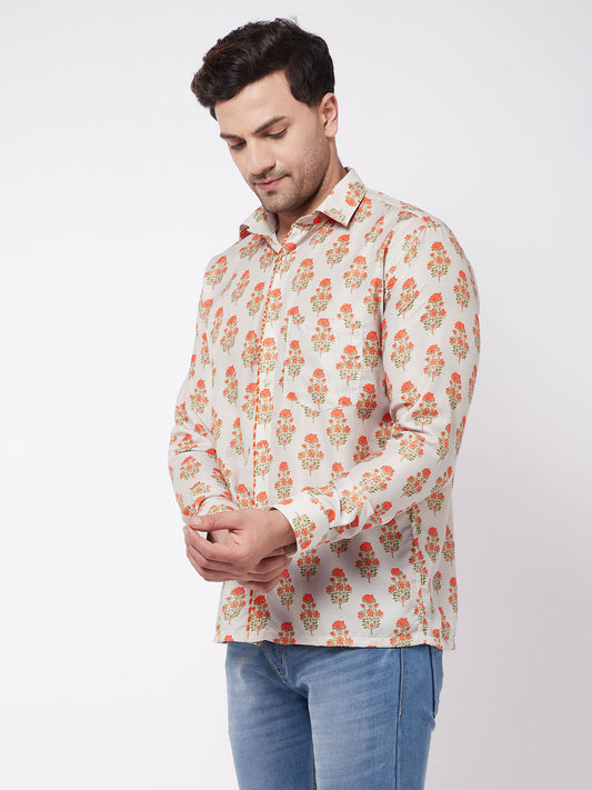 Men's Multicolor-Base-Beige Muslin Ethnic Shirt