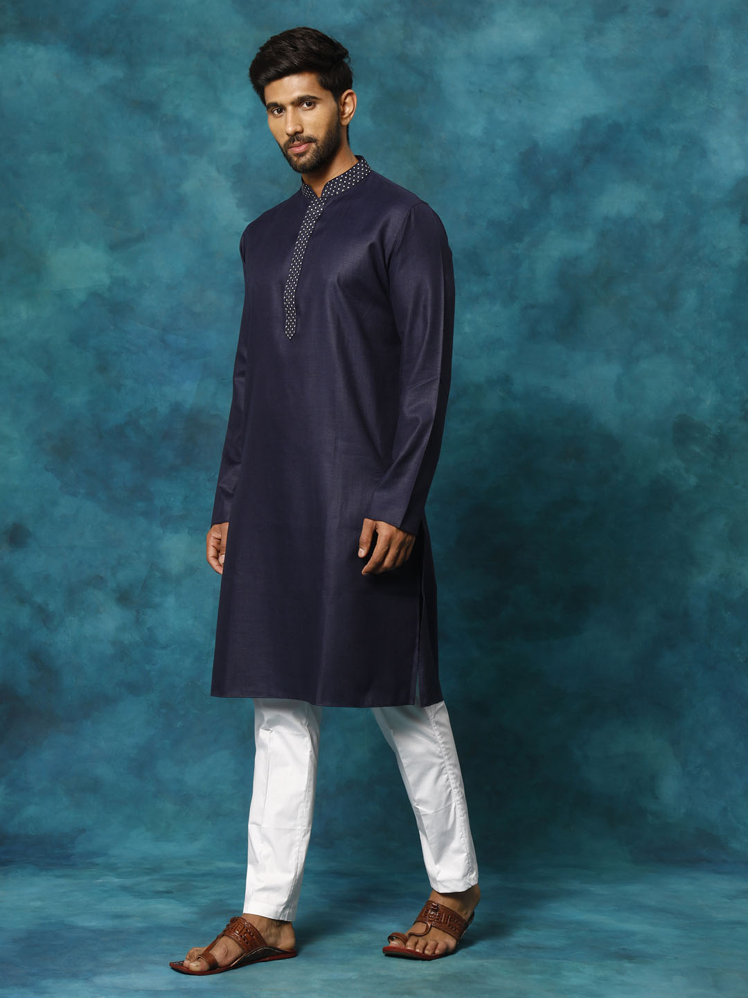 Men's Navy And White Cotton Blend Kurta Pyjama Set