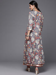 Grey Floral Printed Anarkali Kurta Sharara Set.