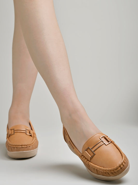 Shoetopia upper Buckle Detailed Tan Loafers For Women & Gilrs