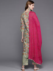 floral printed embroidered kurta with straight pant and chiffon dupatta