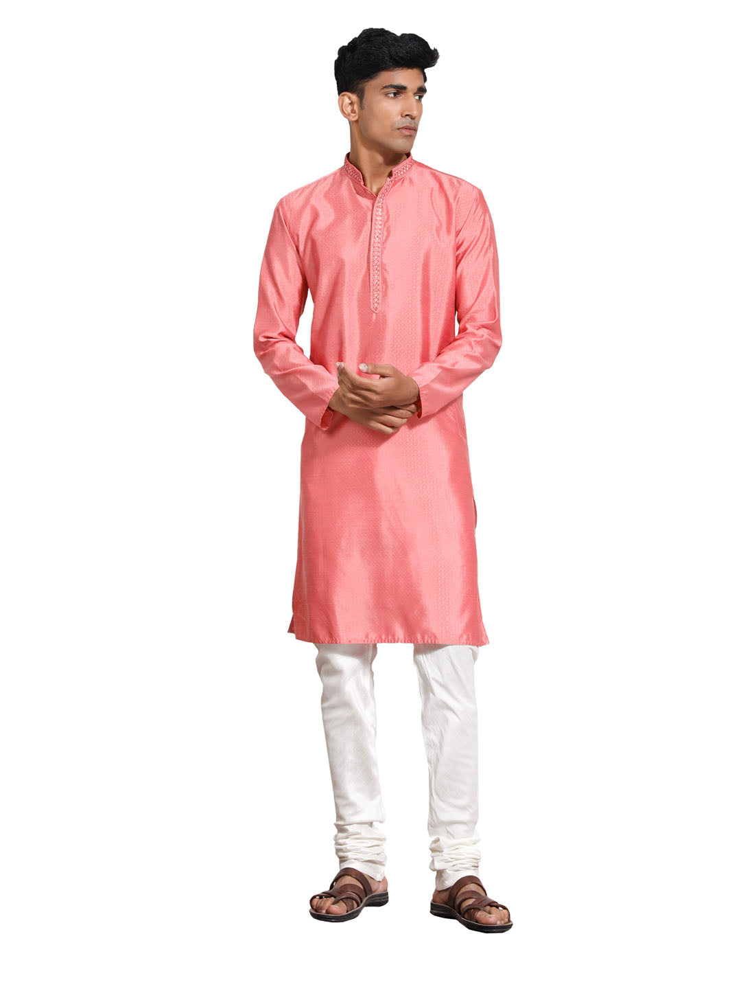 Men's Pink And Cream Silk Blend Kurta Pyjama Set