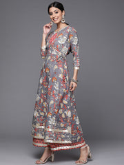 Grey Floral Printed Anarkali Kurta Sharara Set.