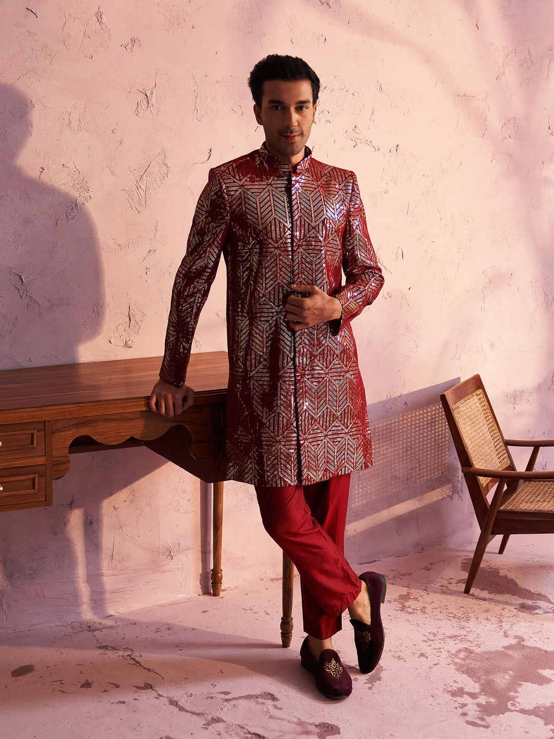 Men's Maroon Georgette Sherwani Set