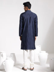 Men's Navy Blue And Cream Silk Blend Kurta Pyjama Set