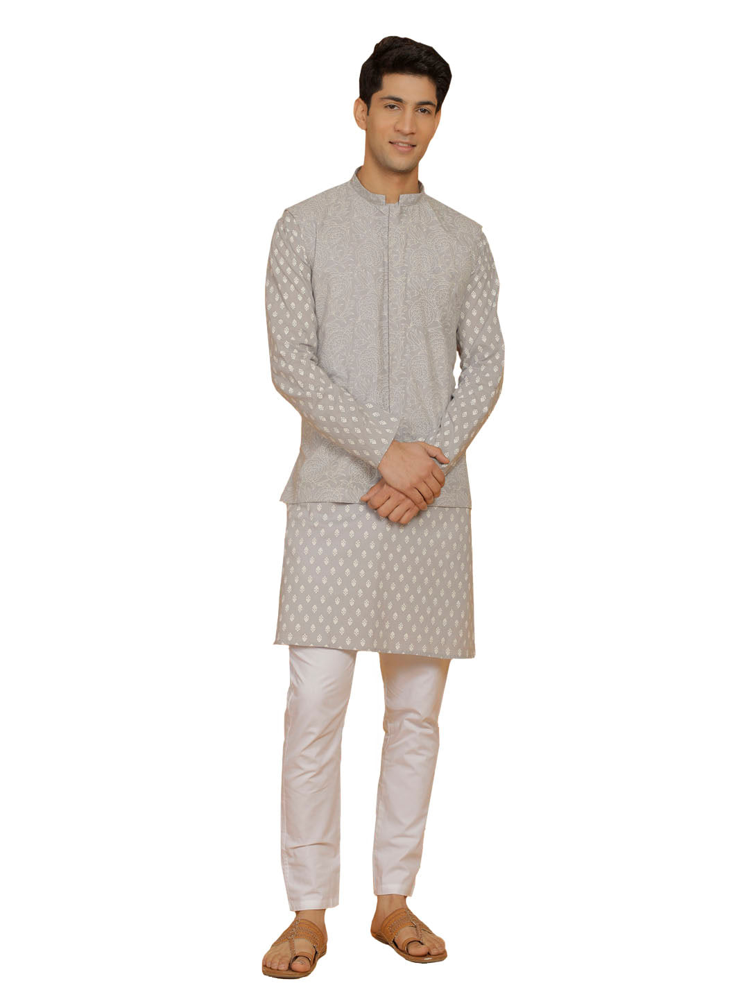 Men's Gray And White Cotton Jacket, Kurta and Pyjama Set