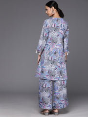 Women Grey Abstract Printed Angrakha Style Kurta Paired With Bottom