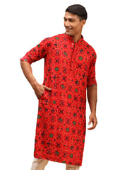 Men's Red Cotton Blend Kurta