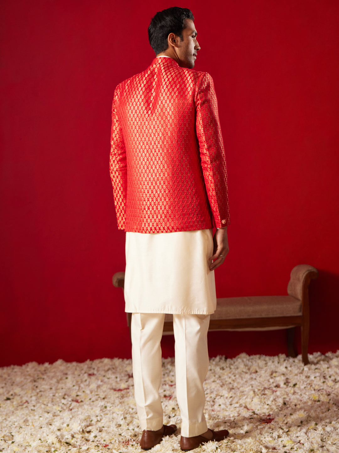 Men's Cream And Red Viscose Jacket, Kurta and Pyjama Set