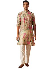 Men's Multi color Base Beige Cotton blend Kurta Pyjama Set