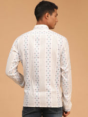 Men's Blue And White Cotton Ethnic Shirt