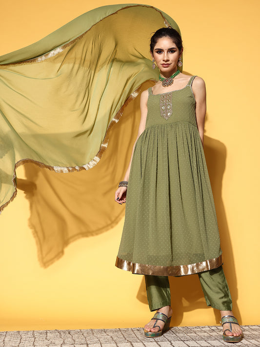 Green Kurta With Strap And Embroidery Paired With Straight Pant And Chiffon Dupatta With Fringe