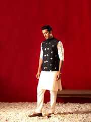 Men's Cream Viscose Jacket, Kurta and Pyjama Set