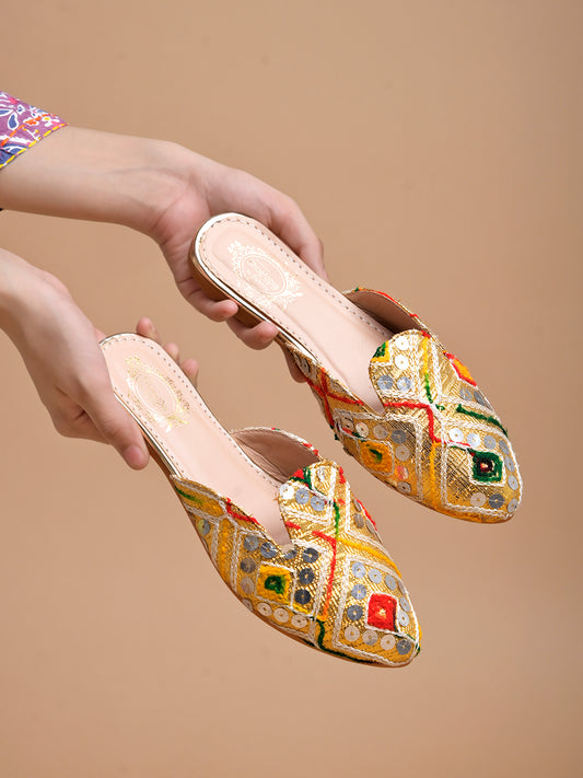 Shoetopia Ethnic Gold Flat Mules For Women & Girls