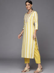 Kalini Stripe Printed Embroidered Kurta Paired With Solid Straight Trouser And Dupatta