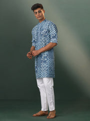 Men's Blue And White Cotton Kurta Pyjama Set